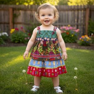 Matilda Jane Paint by Number Floral and Foxes Dress Green Red Blue Sz 18 Months